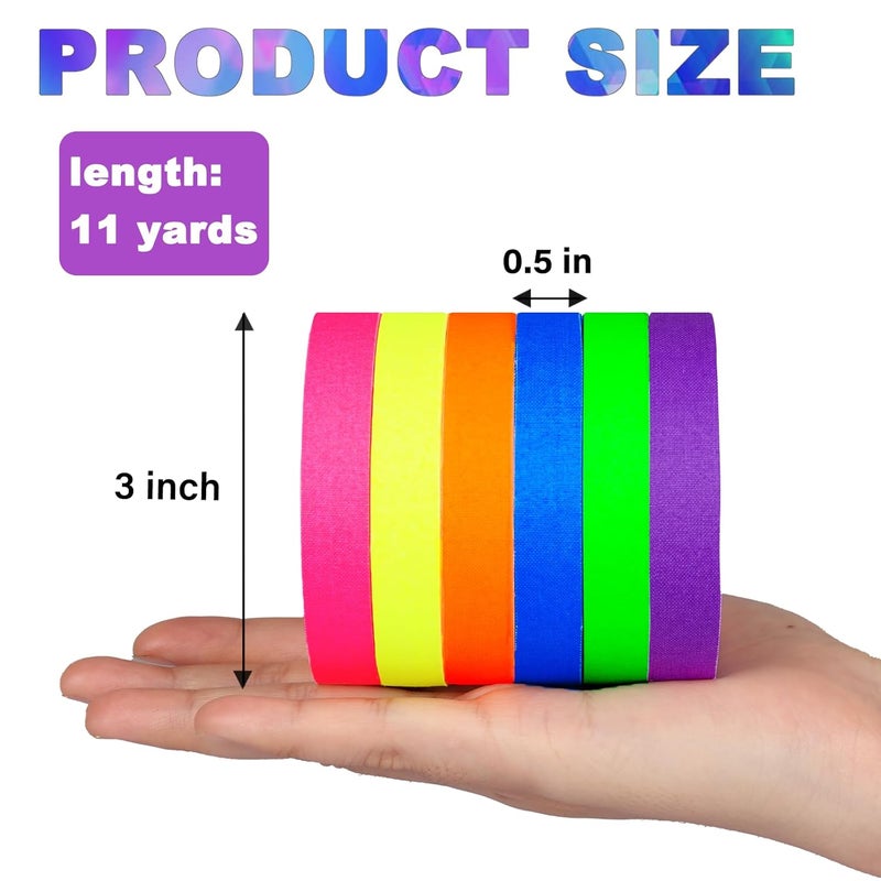 G GEYYANG GEYYANG Spike Tape, 6-Pack Colored Gaffers Tape 1/2 inch x 11 Yards, Black Light UV Reactive, Multipurpose Neon Fluorescent Tape for Stage Marking, Party and Art Crafts - Image 2